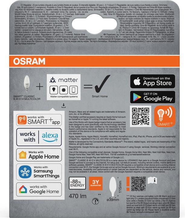 Actual product image Osram SMART+ MATTER Classic B40 4.9W 827...865 Multicolor E14 TRIPLE PACK (E14, 470 lm, 12x)