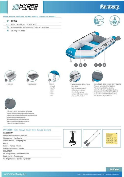 Etichetta energetica Bestway Set gommone sportivo Hydro Force Caspian Elite - 2,30 m (230 cm, 2 Persone)