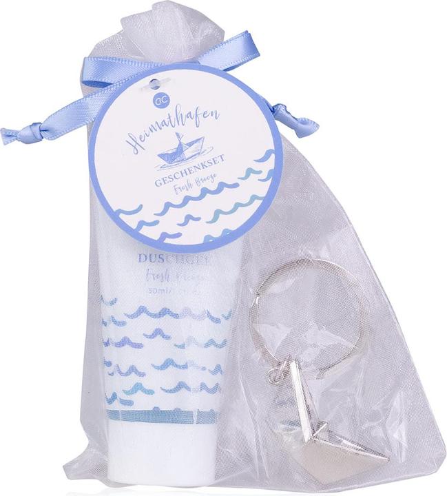 Actual product image Accentra HEIMATHAFEN bath set in organza bag, incl. 30ml shower gel, "paper boat" key ring, fragrance: Fre (Hair care set)