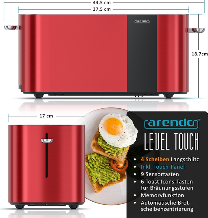 Produktbild Arendo Toaster Edelstahl 4 Scheiben Langschlitz, Bräunungsgrad & Restzeitanzeige, Touch Display, 1500 W
