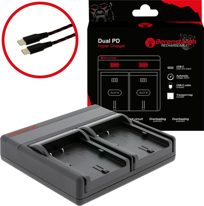 Produktbild Berenstargh Dual PD Hyper Ladegerät f. Canon BP-511BP-512A BP-535 USB-C in/out Powerbankfunktion (Kamera Akku Ladegerät)