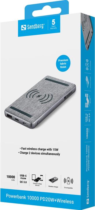 Produktbild Sandberg 10000 PD20W+Wireless (10000 mAh, 20 W, 37 Wh)