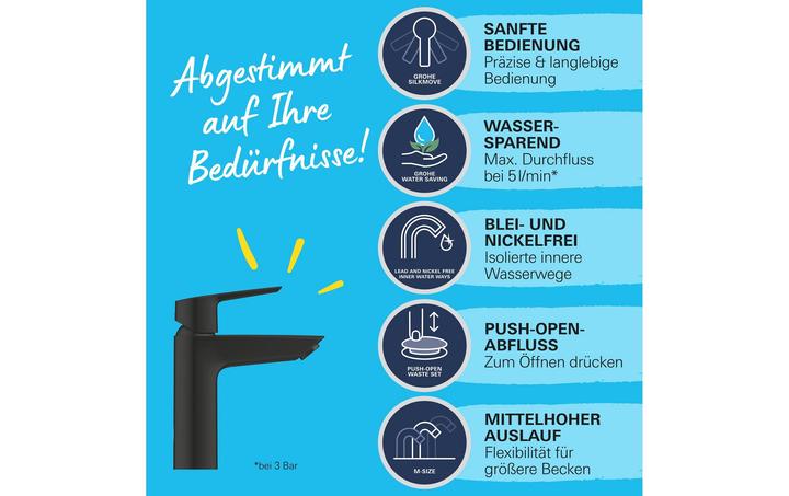 Produktbild Grohe Start QuickFix Lavaboarmatur, M-Size, Push-Open, energiesparend, mattschwarz