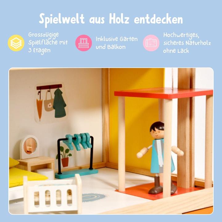 Image du produit Hermex 59-tlg. Holz-Puppenhaus mit Puppen Puppen-Villa mit Garten Spielhaus