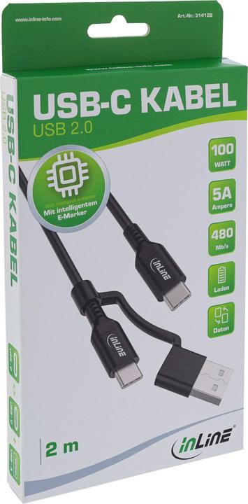 Produktbild InLine 2-in-1 USB-C Kabel + USB-A Adapter, USB 2.0, 100W, TPE, schwarz, 2m (2 m, USB 2.0, 100 W)