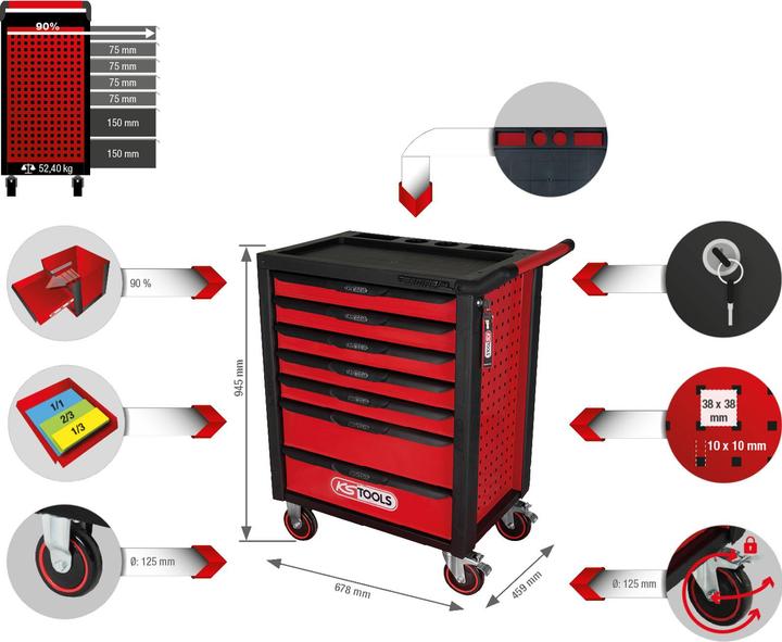 Produktbild KS Tools RACINGline SCHWARZ/ROT Werkstattwagen mit 7 Schubladen (1x)