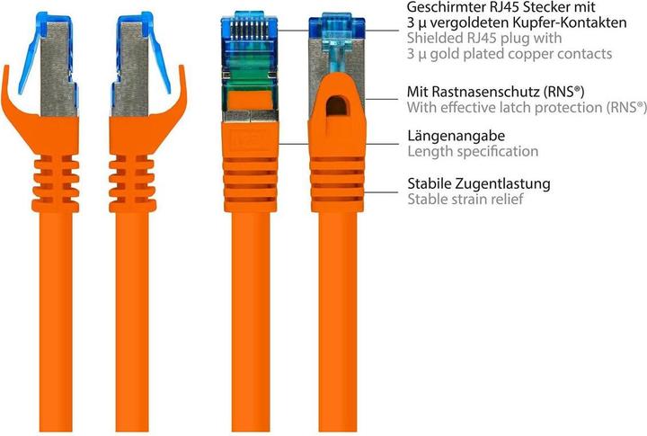 Produktbild Good Connections RNS® Patchkabel mit Rastnasenschutz, Cat. 6A, S/FTP, PiMF, halogenfrei, 500MHz, orange, 0,25m (S/FTP, CAT6a, 0.25 m)