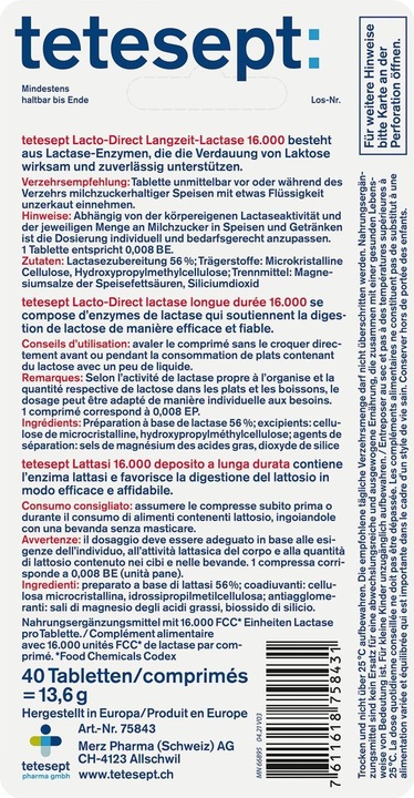 Nährwerte und Zutaten Tetesept Lacto Direct Langzeit Lactase (1 Stück, Tabletten, 35 g)