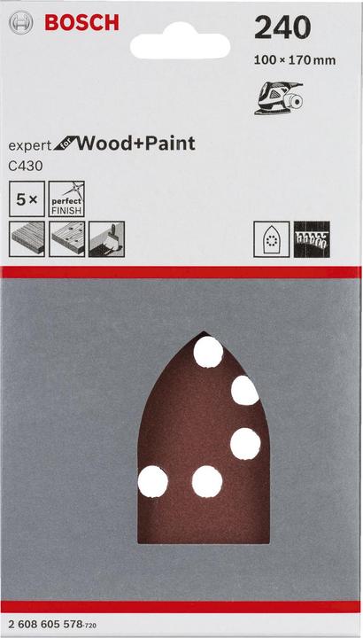 Produktbild Bosch Professional Zubehör Schleifblatt C430, 100 x 170 mm, 240, 8 Löcher, Klett, 5er-Pack (240)