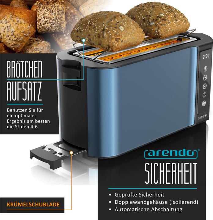 Image du produit Arendo Toaster Edelstahl 4-Scheiben Langschlitz, Brötchenaufsatz, Touchpanel, Display mit Restzeitanzeige