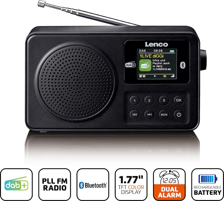 Image du produit Lenco Radio portable DAB+/FM avec Bluetooth Noir (FM, DAB+ DAB, Bluetooth)
