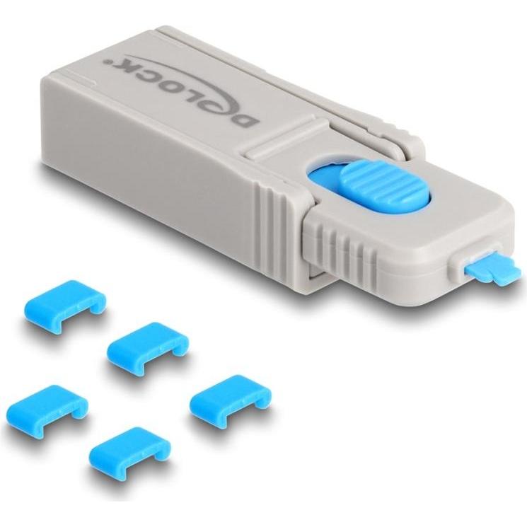 Delock Type-C Port Blocker Set für Type-C Buchsen 5 Stück + Verschlusswerkzeug, Notebook Security, Blau, Grau