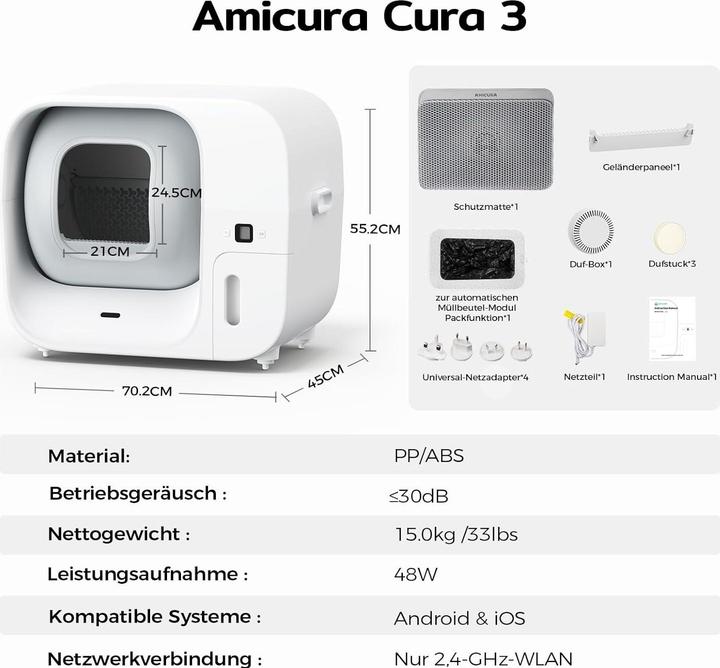 Actual product image AmiCura Cura 3 Selbstreinigende Katzentoilette,Auto Füllende Katzenklo Geruchskontrolle,TÜV,App,60L (Self-cleaning litter tray)