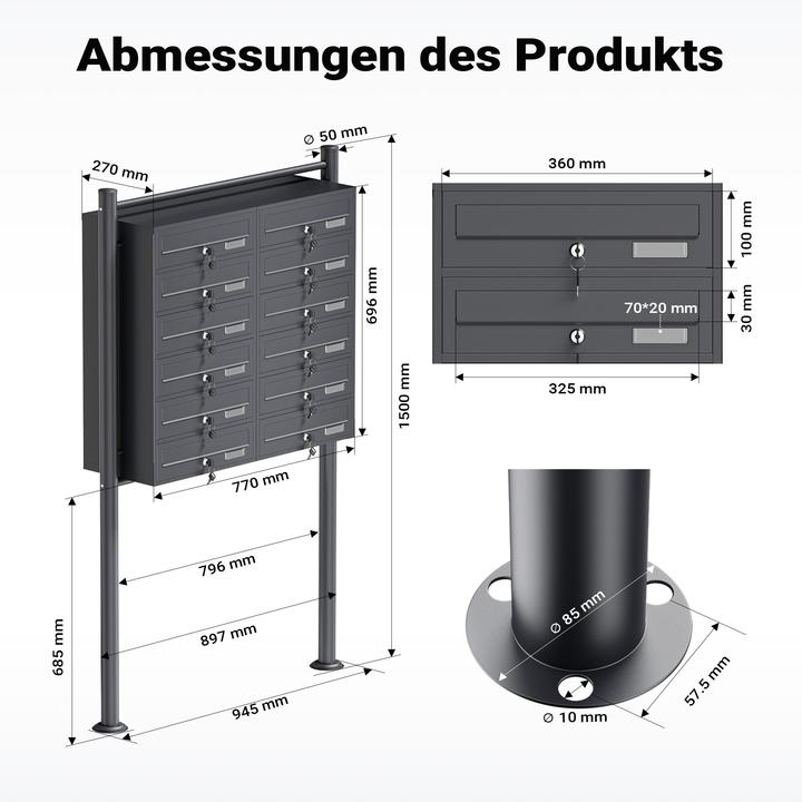 Produktbild Wiltec 12er Briefkastenanlage Anthrazit 2x6 Fächer Standbriefkasten Briefkasten