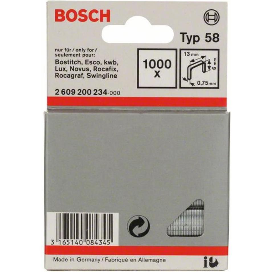 Bosch Professional Zubehör, Tackerklammern + Tackernägel, Feindrahtklammer Typ 58, 13 x 0,75 x 6 mm, 1000er-Pack