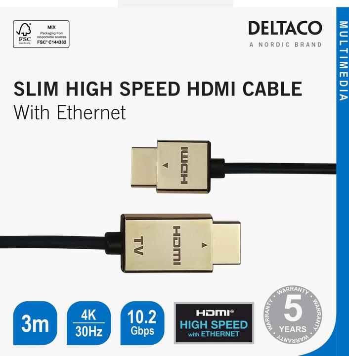 Actual product image Deltaco Kabelis Ultra-thin HDMI, 4K UHD,, juodas/auksinis / HDMI-1043-K / 00100012 (3 m, HDMI, 2.0)