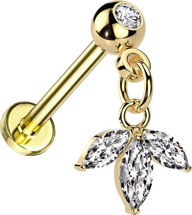 Actual product image Star Piercing Micro Threadless Labret vergoldet mit Kugel mit Kristall silber Anhänger Blatt drei Ovale Kristalle (Brass, Surgical steel 316L)