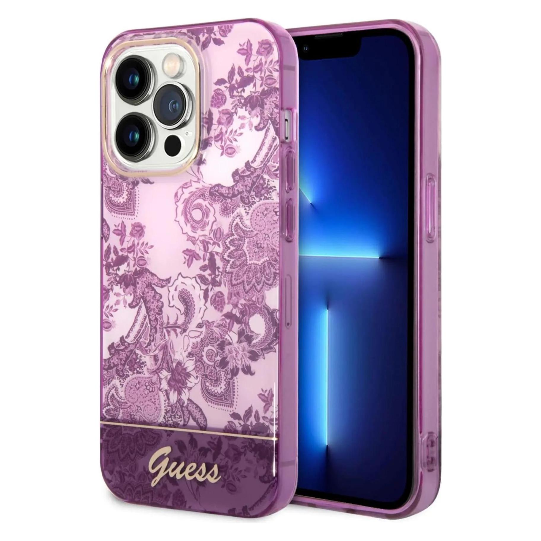 Guess GUHCP14XHGPLHF IPhone 14 Pro Max 6, 7" Fuksja/fuschia Hardcase Porcelain Collection (Apple IPhone 14 Pro Max), Smartphone Hülle, Pink, Rosa