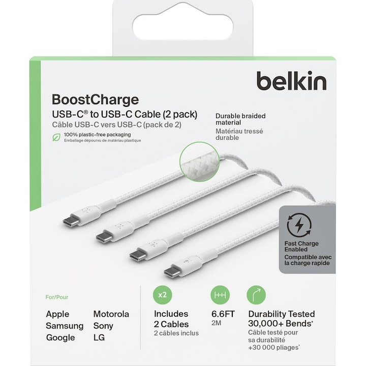 Actual product image Belkin USB-C to USB-C Braided PVC 2m Twin Pack (2 m, USB 2.0)