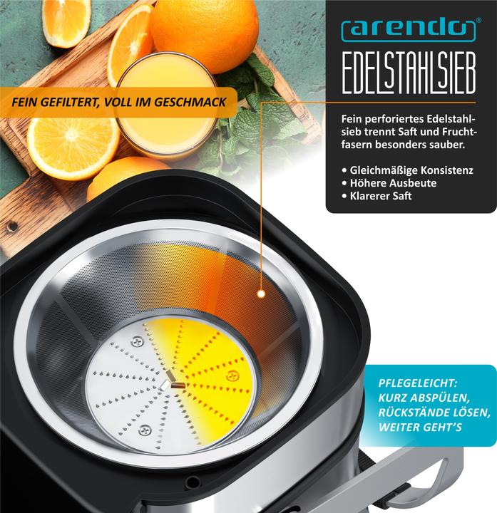 Actual product image Arendo Zentrifugalentsafter, BPA Frei, Edelstahl, 1000W, XXL-Einfüllschacht, Programme, Display, Tropfstopp