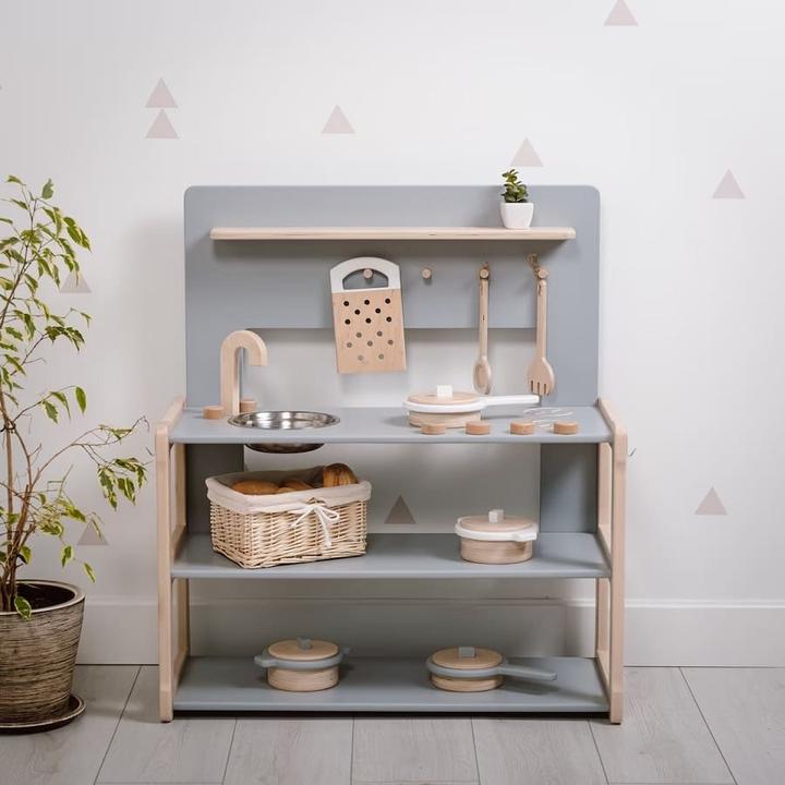 Produktbild Activity Board Waldorf-Atmosphäre, Küchen-Spielset, Kinderspielküche aus Holz für Kinder - Grau