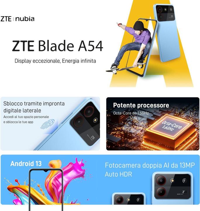 Immagine prodotto ZTE Blade A54 4Gb 128Gb 6.6" Dual (128 GB, Grigio, 6.60", Doppia SIM, 4G)