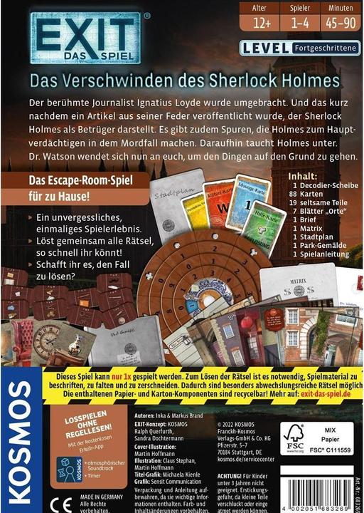 Image du produit Kosmos EXIT - La disparition de Sherlock Holmes (Allemand, 1 - 4 Joueur)