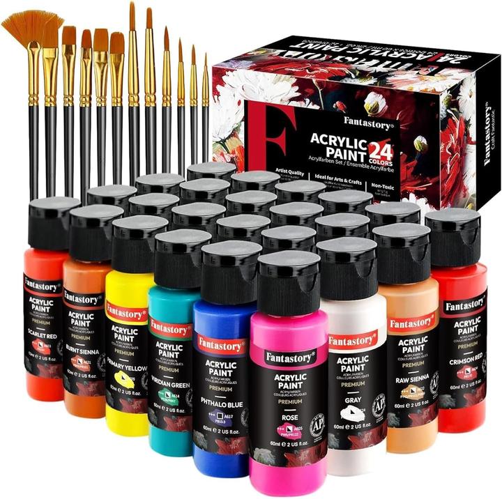Fantastory 24-teiliges Acrylfarben Set mit 12 Pinseln (1440 ml)