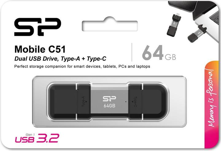 Image du produit Silicon Power 64 GB, USB TYPE-A et TYPE-C FLASH DRIVE, MOBILE C51, Silver (64 Go, USB-A, USB-C)