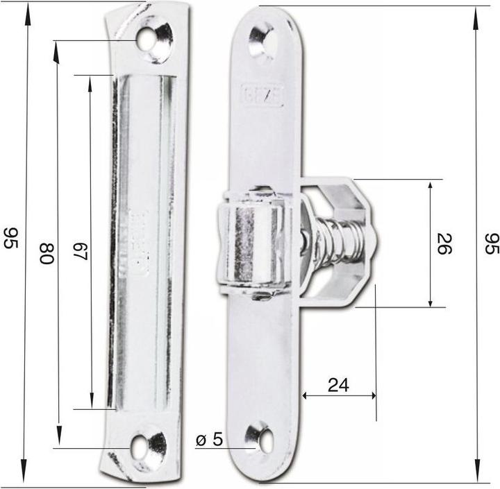 Produktbild Geze Rollenschnapper mit rundem Stulp 20 x 95 mm, Stahl verzinkt, 1 Stück