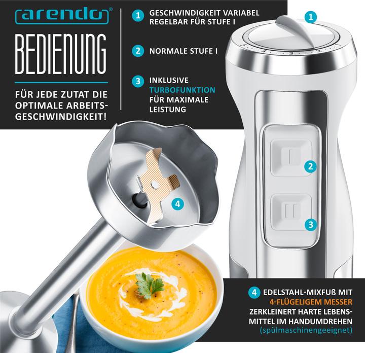 Actual product image Arendo Hand blender, stainless steel DC hand blender with chopper & measuring jug, four-bladed blade