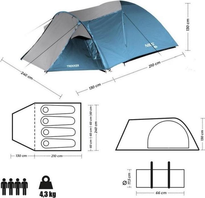 Produktbild Nils Nc6012 Blaues Und Graues Trekker Camp Campingzelt (Tunnelzelt, 4.60 kg, 4 Personen)