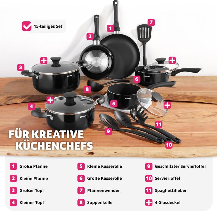 Image du produit tectake Set de pots Varese, en aluminium avec capuchons en vetro, 15 pièces (26 cm, Ensemble de casseroles et de poêles de cuisson, Aluminium)