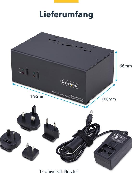 Produktbild StarTech .com P2ADDH462-KVM-SWITCH, 3840 x 2160 pixels, 4K Ultra HD, 36 W, Black