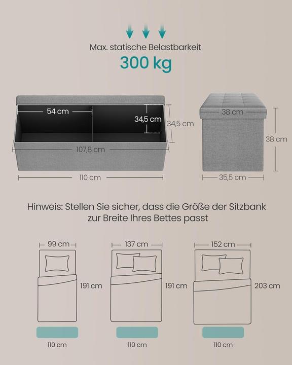 Produktbild Songmics Sitzbank mit Stauraum 110cm Faltbar Leinenimitat Hellgrau (110 cm)