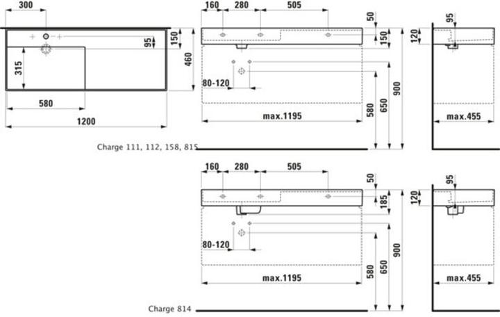 Actual product image Laufen Wash basin KARTELL 1200x460mm drain r.o.l. 2 HL-design white LCC (460 mm, 1200 mm)