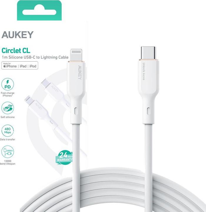 Actual product image Aukey USB-C - Lightning MFi 27W silicone USB cable, 1.8 m (1.80 m, USB 2.0, 27 W)