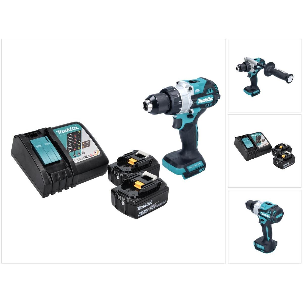 Makita, Bohrmaschine + Akkuschrauber, DHP 486 RG Akku Schlagbohrschrauber 18 V 130 Nm Brushless + 2x Akku 6,0 Ah + Ladeg...