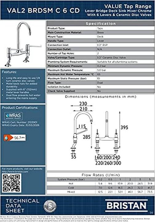 Image du produit Bristan Robinetterie de lavabo avec cartouches céramiques et garantie de 5 ans