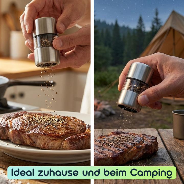 Produktbild Ideoon 2er-Set Mini Salz- Pfeffermühle Set aus Edelstahl mit Keramikmahlwerk - Gewürzmühle (Pfeffer, Salz)