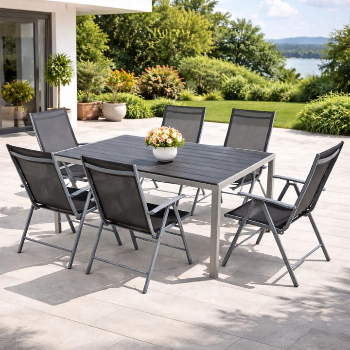 Actual product image Mojawo 7-piece garden furniture set aluminium silver non-wood 180x90cm + 6 high-back chairs