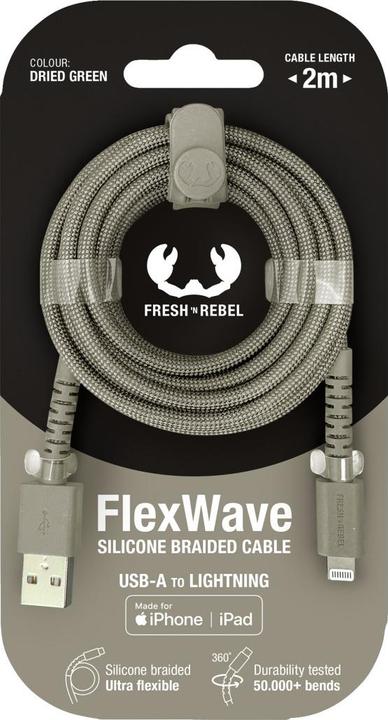 Image du produit Fresh'N Rebel Fresh 'n Rebel USB-A zu Lightning silicone geflochtenes Kabel "FlexWave" 2m, Dried Green (2 m, 30 W)