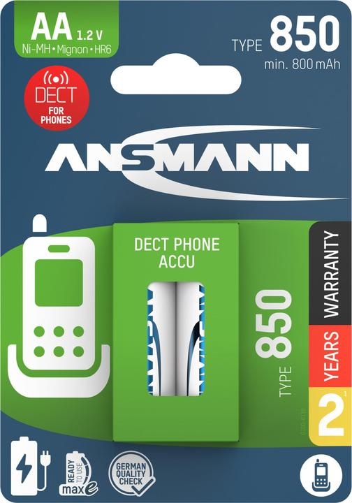 Produktbild Ansmann Dect NiMH Akku Mignon AA Typ 850 (min. 800 mAh) maxE (2 Stk., AA, 800 mAh)