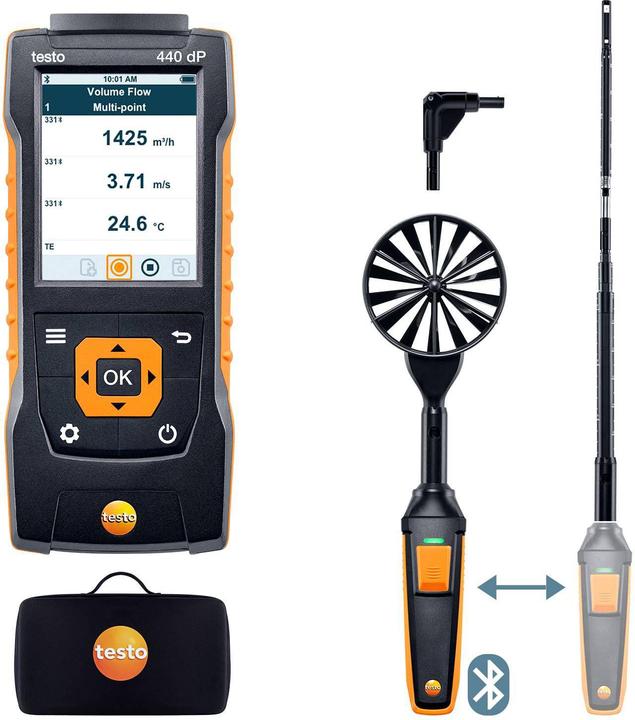 USB-Kabel, 3 x Mignon-Batterien Typ AA, Anschluss-Schlauch, testo 440 dP Klimamessgerät inkl. Differenzdrucksensor