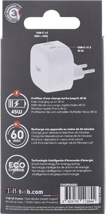 Produktbild T'nB TNB CH2PD45W USB-C Wandladegerät 45 Watt (45 W, 2 Ports)