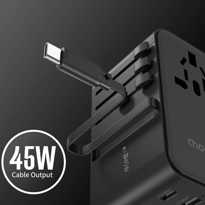 Produktbild Choetech PD5021 45W EU/US/AUS/UK Travel Adapter with Built-in USB-C Cable - Black