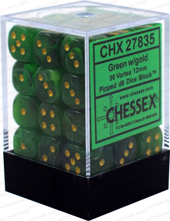 Produktbild Chessex Vortex® 12mm d6 Green/gold Dice Block (36 dice)