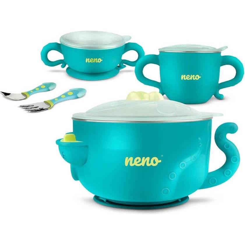 Neno, Kindergeschirr + Kinderbesteck, POLPO Set Thermal-Kindergeschirr, Babynahrungsbehälter, Babylöffel, Babygabel, 200...