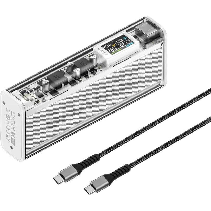 Sharge 140 (20000 mAh, 140 W, 74 Wh), Powerbank, Weiss, Silber, Transparent