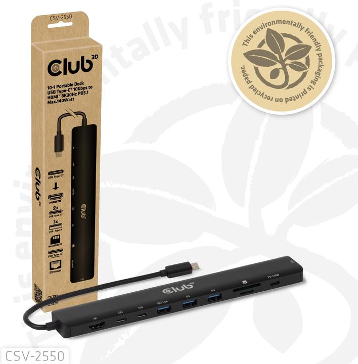 Produktbild Club 3D Club3D Tragbare Docking USB-C ->2xUSB-C/3xUSB-A/HDMI/SD BK retail (USB-C, 10 Ports)